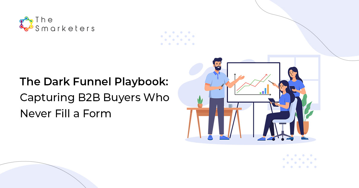 Illustration showing unseen B2B buyer journey through dark funnel channels like LinkedIn, G2, and AI search tools.