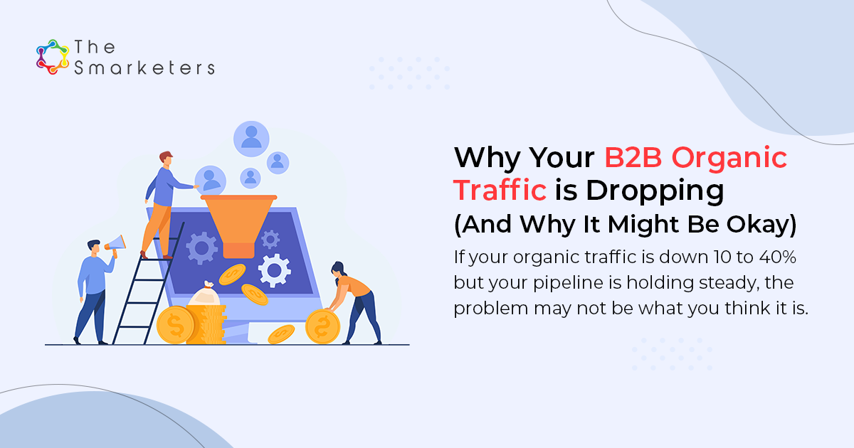 B2B marketer reviewing declining traffic and pipeline on dashboard, AI search overlays in the background
